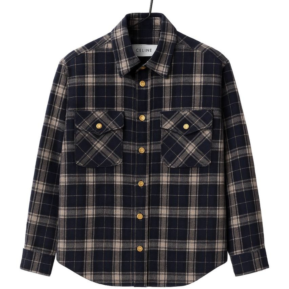 Celine Men's Black and Cream Plaid Button Down Shirt